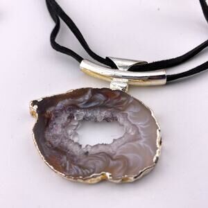 Genuine Natural Agate Geode Pendant with Raw Leather Chain